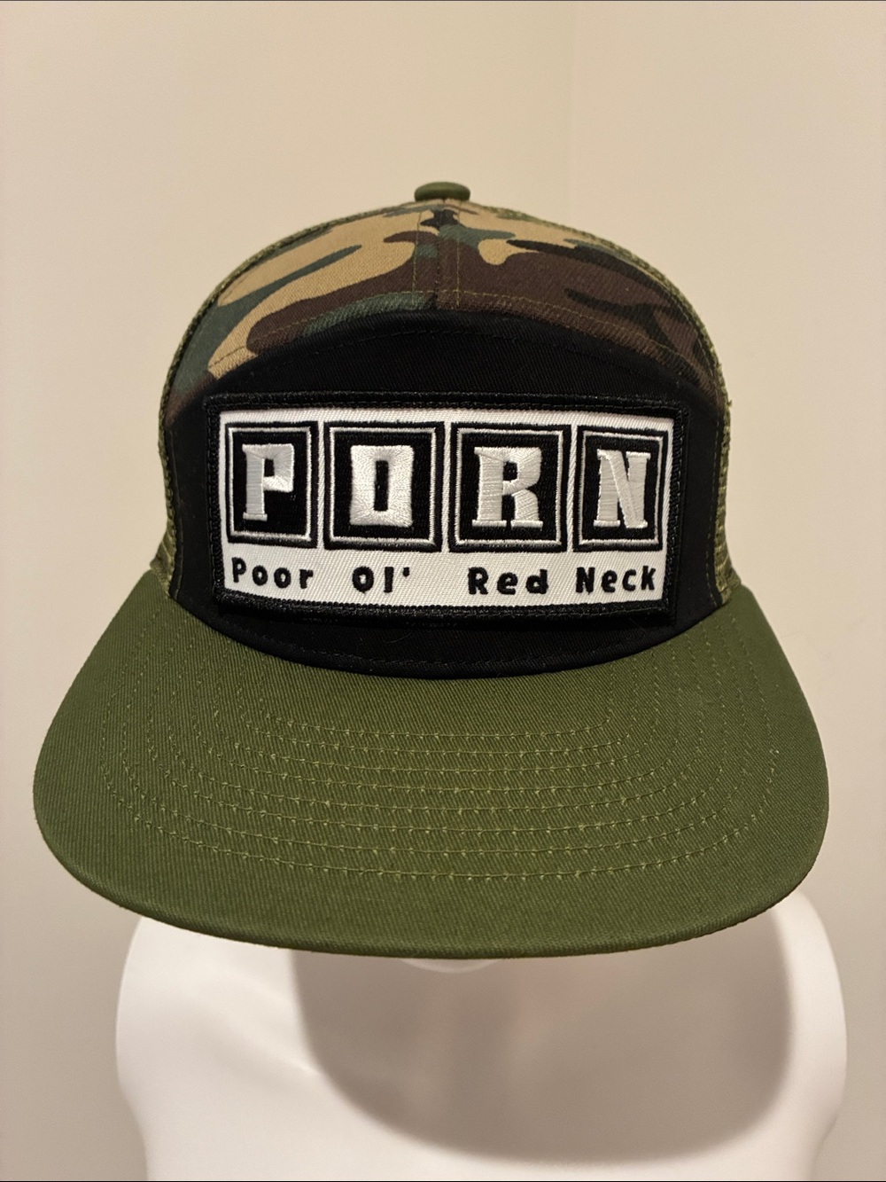 OTTO Camouflage and Olive Green Truckers Cap with 'PORN' Patch